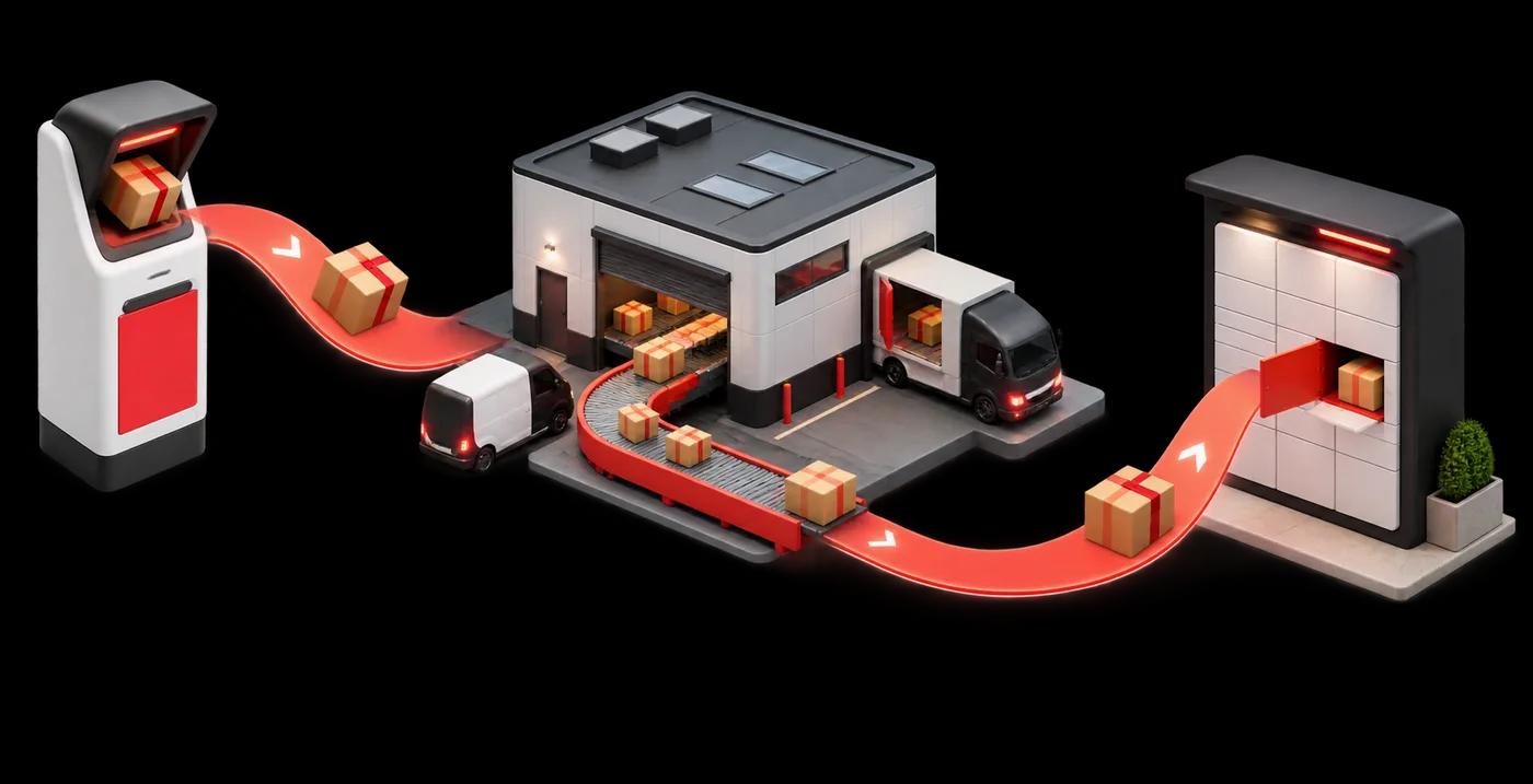 A package moving from a LocQar dropbox through a sorting hub to a destination locker